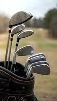 Golf clubs in leather bag on course with blurred green fairway background for sports and recreation activities.