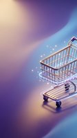 Shopping cart on vibrant gradient background with glowing particles for ecommerce and retail marketing concepts.