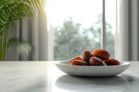 Fresh organic dates in white ceramic bowl on marble table near window with natural light and palm leaves, healthy Middle Eastern snack for Ramadan.