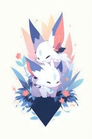 Cute white fantasy creatures with magical markings nestled among pink and blue floral elements on geometric background, soft pastel color palette for nursery art.