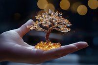 Miniature copper wire bonsai tree with crystal leaves resting on golden stones in open palm, illuminated by soft bokeh lights in dark background.