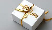 White gift box with elegant golden ribbon bow and Love text on light background, romantic present packaging for special occasions.