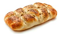 Freshly baked braided challah bread with poppy and sesame seeds on top, golden brown crust and soft texture, photographed on white background, isolated.
