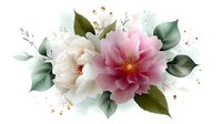 Delicate pink and white peonies with sage green leaves arrangement adorned with golden sparkles and watercolor effects on white background, suitable for wedding stationery.