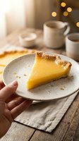 Hand holding plate with lemon tart slice on rustic wooden table with coffee cups and warm bokeh lights creating cozy dessert moment for cafe menu design.