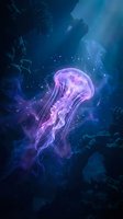 Luminous purple jellyfish floating gracefully through deep blue ocean waters with coral reef formations and sparkling bubbles creating mystical underwater scene.