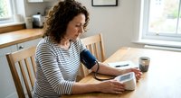 Middle-aged Caucasian woman measuring blood pressure at home using digital monitor while sitting at wooden table in bright kitchen interior.