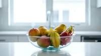 Fresh mixed fruits including apples and mangoes arranged in a glass bowl on a kitchen counter with bright natural light from windows behind.