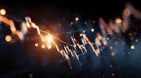 Financial market data visualization with glowing candlestick charts and bokeh lights representing stock trading analysis and investment growth trends.