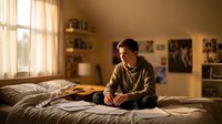 Young man sitting thoughtfully on bed in warm sunlit bedroom with photos on wall, contemplating life decisions and future plans.