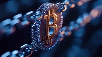 Glowing cryptocurrency symbol on metal chain with sparkling bokeh effect in dark blue background, modern financial technology concept.