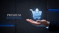 Premium shopping service with glowing cart icon held in businessman's hand against dark digital background, representing e-commerce and online retail solutions.
