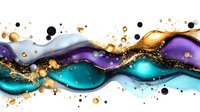 Luxurious abstract wave pattern in purple, turquoise and gold with flowing liquid effect, black dots and glitter sparkles on white background.