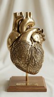 Golden anatomical heart model with intricate engravings on wooden base for medical education and healthcare training purposes.