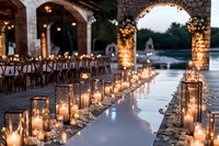 Romantic outdoor wedding aisle lined with glowing lanterns and candles at dusk, featuring stone archways and rustic wooden chairs creating an elegant atmosphere.