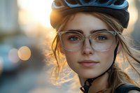 Young blonde woman cyclist wearing safety helmet and glasses with warm golden hour lighting creating lens flare effect in urban setting.