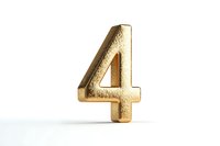 Golden metallic number four standing upright on white surface, isolated design element with textured finish and shadow detail for creative projects.