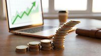 Stacked coins arranged in ascending order on wooden desk with upward trending graph on laptop screen, symbolizing financial growth and investment success.