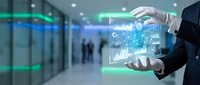 Businessman holding holographic data visualization with charts and graphs in modern office corridor for digital transformation and analytics presentations.