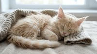 Adorable ginger tabby cat sleeping peacefully on cozy knit blanket by sunny window. Domestic feline resting comfortably in warm natural light for pet care concepts.