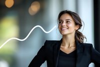 Young Caucasian businesswoman in black blazer smiling confidently with glowing dynamic line effect, representing success and growth trajectory in corporate environment.