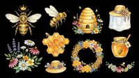 Watercolor honey bee clipart set isolated on transparent background, featuring bees, hive, honeycomb, wreath, jar, and floral elements for stickers, t-shirts, print on demand.
