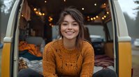 Young Caucasian woman in orange knit sweater smiling from camper van doorway with cozy interior lights and bedding visible, lifestyle travel concept for wanderlust content.