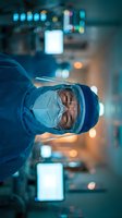 Focused surgeon in protective mask and cap during operation in modern hospital operating room with blurred medical equipment and lights in background.