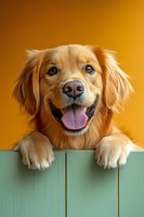 Happy Golden Retriever dog with paws on mint green fence against orange background, smiling with tongue out and bright blue eyes, looking at camera.
