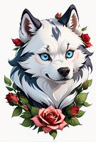 Beautiful white wolf portrait with piercing blue eyes surrounded by blooming red roses and green leaves, perfect for tattoo design, apparel prints and fantasy artwork.