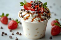 Sweet dessert cup filled with whipped cream, fresh strawberries, chocolate chips and caramel drizzle on light background, selective focus macro shot.