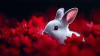 White bunny rabbit peeking through vibrant red flowers, creating dramatic contrast against dark background. Magical spring nature composition with soft focus effect.