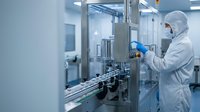 Pharmaceutical worker in protective suit operating automated production line equipment in sterile cleanroom manufacturing facility for drug development.