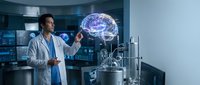 Male scientist in white lab coat examining holographic brain model in modern medical research laboratory for neuroscience and artificial intelligence studies.
