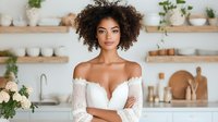Young woman with curly dark hair and medium skin tone wearing white off-shoulder lace top in modern kitchen with wooden shelves, potted plants and flowers. Lifestyle portrait.