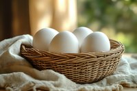 Fresh white chicken eggs in rustic woven basket on natural linen cloth, soft morning light through window creates warm cozy atmosphere. Food photography.