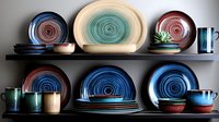 Handcrafted ceramic dinnerware collection with spiral patterns in blue, teal, and burgundy tones arranged on dark shelf, showing plates, bowls and mugs in modern rustic style.
