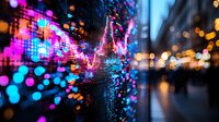 Vibrant digital stock market data visualization with neon pink and blue lights, blurred city background creating dynamic financial technology atmosphere.