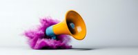 Orange megaphone with blue handle emerging from vibrant purple smoke cloud against light background, dynamic composition showcasing communication and announcement concept.