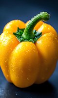 Fresh yellow bell pepper with water droplets on dark background, macro photography highlighting natural texture and vibrant color for food and cooking concepts.