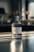 Clear plastic water bottle with blank white label standing on reflective surface in moody lighting with dramatic shadows and bokeh background.
