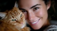 Young woman with bright smile cuddling ginger cat close up portrait. Pet owner and feline companion share tender moment in soft natural lighting.