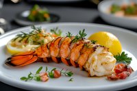 Grilled lobster tail with butter sauce and fresh herbs served on white plate with lemon wedge and bacon bits, close up view of gourmet seafood dish.