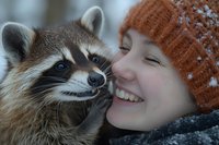 Young woman with fair skin and reddish-brown knit hat smiling while holding a raccoon close to her face outdoors in winter conditions with snow.