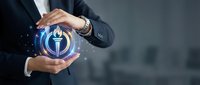 Businessman hands protecting glowing digital torch icon with network connections representing leadership, innovation and guidance in corporate environment.