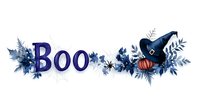 Spooky Halloween border with BOO text, witch hat, pumpkin and blue floral elements on white background, ready for seasonal design projects.