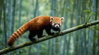 Red panda resting on tree branch in bamboo forest habitat. Wildlife conservation and endangered species protection concept for nature photography.