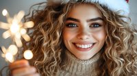 Young woman with curly blonde hair wearing knit sweater and Santa hat holds sparkler, radiating joy with bright genuine smile and blue eyes in holiday setting.