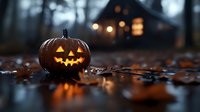 Glowing jack-o-lantern pumpkin with carved face sits on wooden deck surrounded by autumn leaves with cozy cabin lights blurred in background for Halloween.