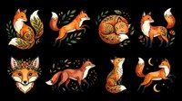 Cute fox character collection with decorative foliage elements, isolated on transparent background. Ready for t-shirt design, clipart, stickers, sublimation, print-on-demand products and digital crafts.